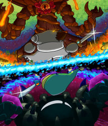 absurdres copy_ability embers from_behind green_hat haruneko_(haruto_56789) hat highres holding holding_sword holding_weapon interdimensional_magolor kirby kirby&#039;s_return_to_dream_land_deluxe kirby_(series) magolor magolor_epilogue magolor_soul master_crown master_crown_(tree) nintendo no_humans one-eyed pom_pom_(clothes) rayman_limbs rotational_symmetry sparkle star_(sky) sword sword_kirby torn_clothes tree weapon