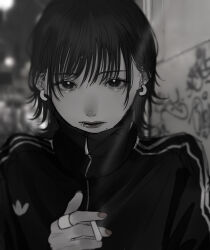 Rule 34 | 1girl, absurdres, adidas, choppy bangs, cigarette, closed mouth, earrings, eyelashes, face piercing, graffiti, greyscale, highres, holding, holding cigarette, jacket, jewelry, lip piercing, lip ring, lips, looking at viewer, mano aaa, mole, mole under mouth, monochrome, original, outdoors, piercing, ring, short hair, smoke, smoke trail, smoking, solo, upper body, wolf cut