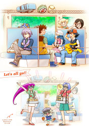 2girls 6+boys adjusting_eyewear ash_ketchum bag barry_(pokemon) beanie black_hair blonde_hair blue_hair blue_jacket brock_(pokemon) brown_hair closed_eyes conway_(pokemon) croagunk dawn_(pokemon) fingerless_gloves food gen_1_pokemon gen_4_pokemon glasses gloves hat hawaiian_shirt high_heels highres jacket james_(pokemon) jessie_(pokemon) long_hair megaphone meowth multiple_boys multiple_girls nintendo onigiri outstretched_arm paul_(pokemon) pikachu piplup pokemon pokemon_(anime) pokemon_(creature) pokemon_dppt_(anime) purple_hair red_hair red_headwear sandals shirt short_hair short_shorts shorts sitting skirt wagon