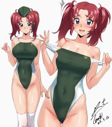 Rule 34 | 1girl, absurdres, alternate costume, blush, breasts, cleavage, clothes pull, commentary request, commission, competition swimsuit, covered navel, garrison cap, green hat, green one-piece swimsuit, gundam, gundam seed, gundam seed destiny, hat, highleg, highleg one-piece swimsuit, highres, large breasts, long hair, looking at viewer, meyrin hawke, one-piece swimsuit, one-piece swimsuit pull, open mouth, pixiv commission, red eyes, red hair, signature, simple background, swimsuit, thighs, twintails, white background, yoo tenchi