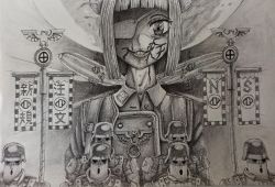 1girl aircraft armor army bad_id bad_twitter_id bird dirigible double_bun eagle fascism graphite_(medium) grin hair_bun haniwa_(statue) helmet highres joutouguu_mayumi looking_at_viewer combat_helmet moon self-upload short_hair smile stahlhelm standing touhou traditional_media uniform wily_beast_and_weakest_creature