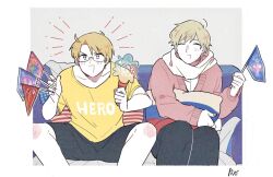 +_+ 2boys ahoge america_(hetalia) american_flag american_flag_print axis_powers_hetalia between_fingers black-framed_eyewear black_pants black_shorts blonde_hair blue_eyes blush border closed_eyes clothes_writing commentary_request couch dkdmis fingernails flag flag_print glasses grey_background hand_up holding holding_flag looking_at_viewer male_focus multiple_boys on_couch open_mouth outside_border pants pillow pink_sweater russia_(hetalia) russian_flag_print scarf semi-rimless_eyewear shirt short_hair short_sleeves shorts simple_background sitting smile spread_legs star_(symbol) star_print striped_pillow sweater t-shirt v-shaped_eyebrows white_border white_scarf white_shirt yellow_shirt