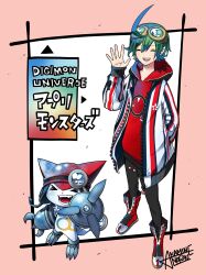 Rule 34 | absurdres, appmon, closed eyes, digimon, gatchmon, goggles, goggles on head, green hair, highres, naoki akamine, shinkai haru, smile