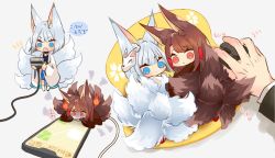 1boy 2girls akagi_(azur_lane) animal_ears azur_lane blue_eyes blue_skirt blunt_bangs brown_hair cable cellphone commander_(azur_lane) commentary_request eyeshadow fox_ears fox_girl fox_mask fox_tail hair_tubes japanese_clothes kaga_(azur_lane) kitsune kyuubi long_hair long_sleeves looking_at_viewer looking_back lying makeup mask mask_on_head mini_person minigirl computer_mouse mousepad_(object) multiple_girls multiple_tails on_side on_stomach out_of_frame phone pleated_skirt putimaxi red_eyes short_hair sidelocks size_difference skirt smartphone tail translation_request usb white_hair wide_sleeves