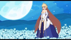 1girl animated animated_gif antenna_hair archetype_earth arcueid_brunestud blonde_hair breasts cleavage closed_eyes commentary detached_collar detached_sleeves dress field flower flower_field full_body full_moon gloves highres large_breasts letterboxed long_dress long_hair looping_animation melty_blood moon mountainous_horizon night night_sky pixel_art raptorbr red_eyes shooting_star sky solo star_(symbol) tsukihime twitter_username very_long_hair white_gloves