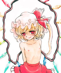 1girl arms_behind_back asymmetrical_hair bad_id bad_pixiv_id blonde_hair collarbone female_focus flandre_scarlet flat_chest hat loli nipples red_eyes side_ponytail simple_background skirt solo topless_female touhou white_background wings yamija
