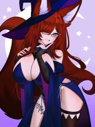 Rule 34 | 1girl, absurdres, animal ears, blue hair, breasts, commission, commissioner upload, facial mark, final fantasy, final fantasy xiv, fox ears, fox tail, glasses, hat, highres, lace, large breasts, long hair, m&#039;arie kheckdizi, miqo&#039;te, mizah (mizah), non-web source, pelvic curtain, red hair, simple background, smile, tail, warrior of light (ff14), witch, witch hat
