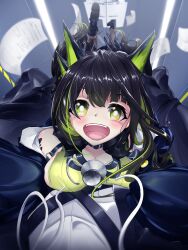 1boy 1girl :d animal_ears arknights bare_shoulders black_coat black_hair blush boots breast_press breasts bright_pupils carrying carrying_person cat_ears cat_girl cleavage coat doctor_(arknights) dress elrosokungchannel excited fangs from_above full_body green_dress green_eyes green_hair hair_between_eyes happy highres hug large_breasts legs_folded long_hair looking_at_another looking_at_viewer looking_up material_growth mon3tr_(arknights) multicolored_hair open_clothes open_coat open_mouth oripathy_lesion_(arknights) pov sideboob sleeveless sleeveless_dress smile solo_focus textless_version two-tone_hair white_pupils