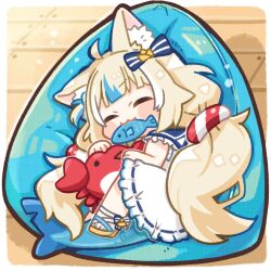 &gt;_o 1girl :3 animal_ear_fluff animal_ears blonde_hair blue_hair blunt_bangs blush_stickers cat_ears chibi chibi_only closed_eyes commentary dress frilled_dress frills highres indie_virtual_youtuber kaniki_(sameko_saba) lifebuoy_hair_ornament long_hair low_twintails mouth_hold multicolored_hair one_eye_closed one_side_up same_anko sameko_saba sleeping sleeveless sleeveless_dress solo streaked_hair twintails very_long_hair virtual_youtuber white_dress wooden_floor