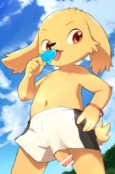1boy animal_ears bar_censor blue_sky censored cloud cowboy_shot day dog_boy dog_ears dog_tail food foreskin furry furry_male holding holding_food holding_popsicle licking_food looking_at_viewer male_focus male_swimwear manmosu_marimo navel nipples open_mouth original penis popsicle red_eyes shota sky solo swim_trunks tail white_male_swimwear yellow_fur