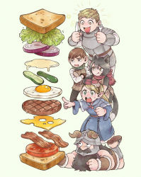 +_+ animal_ears armor bacon beard black_eyes black_hair blonde_hair bread brown_eyes brown_hair burger cat_ears cat_tail cheese chilchuck_tims crossed_arms dungeon_meshi facial_hair food fork fried_egg green_eyes green_scarf helmet highres izutsumi knife laios_touden lettuce lying marcille_donato mayonnaise on_stomach onion oversized_object pickle pointing red_scarf sami_(3a3i3a3i) sandwich scarf senshi_(dungeon_meshi) sparkle striped_clothes striped_scarf sweat swiss_cheese table_knife tail tomato tongue tongue_out