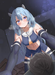 1girl abs assertive_female black_sleeves black_thighhighs blue_eyes blue_hair blue_skirt blush broken_door detached_sleeves doorway heavy_breathing highres i-203_(kancolle) kantai_collection murata_taichi muscular muscular_female pinned sailor_collar skirt thighhighs you_gonna_get_raped