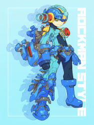1boy arm_cannon arms_at_sides assembling blue_background bodysuit frown full_body green_eyes legs_apart looking_at_viewer male_focus mega_man_(series) mega_man_battle_network mega_man_battle_network_(series) megaman.exe nakayama_tooru one_eye_covered solo weapon