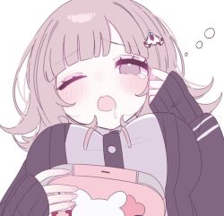 Rule 34 | 1girl, ;o, black jacket, blush, brown hair, chi gu, commentary, danganronpa (series), danganronpa 2: goodbye despair, dress shirt, galaga, hair ornament, handheld game console, holding, holding handheld game console, jacket, long sleeves, medium hair, nanami chiaki, one eye closed, open clothes, open jacket, pink eyes, saliva, shirt, simple background, spaceship hair ornament, teeth, two-tone shirt, upper teeth only, white shirt