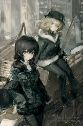 2girls absurdres black_hair blonde_hair blue_eyes brodie_helmet chito_(shoujo_shuumatsu_ryokou) coat combat_helmet green_coat green_pants half-track helmet highres kettenkrad kikihuihui motor_vehicle multiple_girls pants shoujo_shuumatsu_ryokou stahlhelm yuuri_(shoujo_shuumatsu_ryokou)