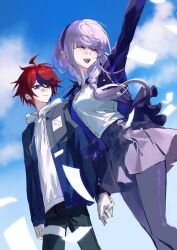 1boy 1girl :d ^_^ ahoge binxngchng1 black_hairband black_pants black_streaks blue_eyes blue_jacket braid closed_eyes collared_shirt drawstring grey_jacket grey_pantyhose grey_skirt hair_over_shoulder hairband highres holding_hands hood hoodie jacket kirifuji_nozomi long_hair multicolored_hair multicolored_jacket open_mouth pants pantyhose purple_hair red_hair shirt short_hair sketch skirt sky smile streaked_hair sumino_takumi teeth the_hundred_line_-last_defense_academy- thigh_strap two-tone_jacket upper_teeth_only white_hoodie white_shirt