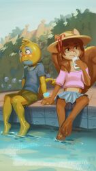 1boy 1girl absurdres apis blonde_hair blush brown_hair child creatures_(company) dunsparce furry game_freak gen_2_pokemon hat highres holding_hands juice_box monster_boy nintendo pokemon pokemon_(creature) pool shorts skirt squirrel_girl tail yellow_eyes