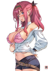 1girl belt blue_eyes blue_shorts blush bra breasts cleavage clothes_pull commentary_request detached_collar hair_ribbon large_breasts logo long_hair long_sidelocks long_sleeves moonzero_(cdggam) navel original parted_lips pink_bra red_hair ribbon shirt shirt_pull short_shorts shorts sidelocks thighhighs underwear white_background white_shirt