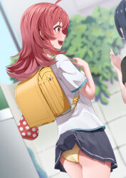 2girls accidental_exposure ahoge artist_name backpack bag black_skirt blurry blurry_background blush clothes_lift commentary_request from_behind highres idolmaster idolmaster_shiny_colors komiya_kaho looking_at_another medium_hair miniskirt multiple_girls open_mouth outdoors panties pantyshot pyonsan randoseru red_eyes red_hair shirt short_sleeves skirt skirt_caught_on_object skirt_lift smile teeth underwear upper_teeth_only white_shirt yellow_bag yellow_panties