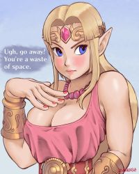 1girl absurdres armor artist_name bare_shoulders bead_necklace beads belt blonde_hair blue_background blue_eyes blush bracer breasts circlet cleavage closed_mouth english_text eyelashes forehead_jewel gem hand_on_chest highres insult jewelry large_breasts large_hands lips long_hair looking_away nail_polish namespace necklace nintendo parted_bangs pink_lips pink_nails pink_shirt pointy_ears princess_zelda red_belt red_gemstone shirt sidelocks sleeveless sleeveless_shirt solo tabard the_legend_of_zelda the_legend_of_zelda:_a_link_to_the_past thick_eyebrows upper_body v-shaped_eyebrows