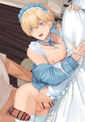 2boys age_difference apron bar_censor blonde_hair blue_eyes blush censored choker crossdressing cum cum_on_body cum_on_clothes cum_on_sheets cumdrip ejaculation erection indoors looking_at_another maid_apron maid_headdress male_focus multiple_boys nipples open_mouth original penis penis_size_difference sex shota size_difference sunaba_(nczd5875) testicles thighs yaoi