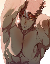 1boy abs absurdres bara brown_hair daziran_de_duqiyan headband highres large_pectorals looking_at_viewer male_focus muscular muscular_male orange_eyes orient_arcadia parted_lips pectorals scar scar_on_face scar_on_nose short_hair simple_background solo sun_ce_(orient_arcadia) topless_male upper_body