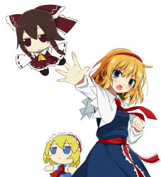 1girl alice_margatroid blonde_hair blue_dress blue_eyes blush breasts capelet character_doll clenched_hand commentary doll dress fumo_(doll) hairband hakurei_reimu highres long_sleeves looking_at_viewer medium_hair open_mouth red_hairband simple_background solo touhou tsuukinkaisoku_oomiya white_background white_capelet