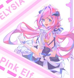 1girl apron black_dress blue_eyes breasts character_name dress elf elysia_(honkai_impact) elysia_(miss_pink)_(honkai_impact) elysia_(miss_pink_elf)_(honkai_impact) fake_horns gloves hashtag-only_commentary heart highres honkai_(series) honkai_impact_3rd horns large_breasts long_hair looking_at_viewer lucas_(lucasng29949052) maid maid_apron maid_headdress official_alternate_costume open_mouth pink_hair pointy_ears puffy_short_sleeves puffy_sleeves short_sleeves solo white_apron white_gloves