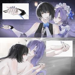 Rule 34 | 2girls, absurdres, bare shoulders, black gloves, black hair, blue eyes, blue flower, breasts, cantarella (wuthering waves), closed eyes, commentary, facial mark, female rover (wuthering waves), fingernails, flower, gloves, hair between eyes, hair flower, hair ornament, hand grab, hand on another&#039;s chin, headdress, highres, large breasts, licking, looking at another, mark under eye, multiple girls, nail polish, nude, one eye closed, parted lips, partially fingerless gloves, purple hair, purple nails, rover (wuthering waves), seol (baconontheclock), smile, wuthering waves, yellow eyes, yuri