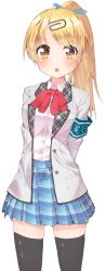 1girl armband artist_request black_thighhighs blazer blonde_hair blush bow chobit_(website) female_focus hair_ornament hair_ribbon hairclip highres jacket long_hair looking_at_viewer mascot mebae miniskirt official_art open_mouth personification picomon plaid_clothes plaid_skirt pleated_skirt ponytail ribbon skirt solo standing straight_hair tareme text_focus thighhighs translated transparent_background yellow_eyes zettai_ryouiki