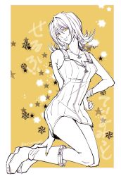 1girl bare_shoulders boots border bracelet breasts cleavage eni_(yoyogieni) final_fantasy final_fantasy_viii full_body hair_between_eyes hand_on_own_hip highres jewelry kneeling looking_at_viewer medium_breasts medium_hair monochrome nail_polish necklace orange_background orange_eyes orange_nails overalls selphie_tilmitt smile solo tongue tongue_out twitter_username white_border zipper