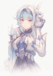Rule 34 | 1girl, black hairband, blue hair, blue necktie, breasts, commentary, english commentary, eula (genshin impact), genshin impact, gloves, grey background, hair ornament, hairband, highres, kerogi haku, long sleeves, looking at viewer, medium breasts, medium hair, necktie, shirt, simple background, smile, solo, upper body, white shirt, yellow eyes