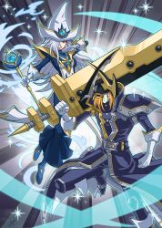 Rule 34 | 1boy, 1girl, armor, blonde hair, blue shoes, duel monster, fake horns, gloves, grey hair, hair over one eye, hat, helmet, holding, holding staff, holding sword, holding weapon, horned helmet, horns, long hair, nickel (pixiv 109384452), purple eyes, shoes, shoulder armor, silent magician, silent magician zero, silent swordsman, silent swordsman zero, sparkle, staff, sword, tabard, weapon, white gloves, white hat, wizard hat, yu-gi-oh!