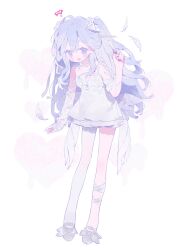 1girl bare_shoulders blush detached_sleeves dress feathers full_body hair_between_eyes hair_ornament hand_up highres holding long_hair looking_at_viewer memuro original purple_eyes purple_hair ribbon sleeveless sleeveless_dress solo standing twitter_username two_side_up very_long_hair white_background white_dress wings