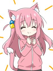 1girl animal_ears black_skirt blush bocchi_the_rock! cat_ears cat_girl cat_tail closed_eyes closed_mouth cube_hair_ornament emphasis_lines gotoh_hitori hair_ornament happy jacket kotatsu-mazoku long_hair long_sleeves one_side_up pink_hair pink_jacket pink_tail skirt smile solo tail track_jacket white_background