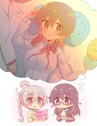 2girls :o ahoge book braid brown_eyes brown_hair c: chibi commentary es04b flying_sweatdrops glasses hair_between_eyes hair_down heart highres holding holding_book imagining long_hair long_sleeves low_twintails lying multicolored_hair multiple_girls murosaki_miyo neck_ribbon on_back onii-chan_wa_oshimai! oyama_mahiro pillow pink_hair red_hair red_ribbon ribbon shirt simple_background smile twintails two-tone_hair white_background white_shirt