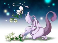 1boy closed_eyes flower flying gen_1_pokemon holding holding_flower kneeling legendary_pokemon lights lily_(flower) mew_(pokemon) mewtwo mourning mythical_pokemon nintendo ofumi_(daisy) pokemon pokemon:_the_first_movie_-_mewtwo_strikes_back pokemon_(anime) pokemon_(classic_anime) pokemon_(creature) shudo_takeshi white_flower