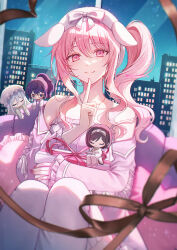 1other 3girls 723/nanahumi akiyama_mizuki androgynous asahina_mafuyu bow box brown_hair chibi closed_eyes closed_mouth drill_hair finger_to_mouth frills gift hairband hat heart heart-shaped_pillow highres index_finger_raised jacket long_hair long_sleeves looking_at_viewer multiple_girls night night_sky official_alternate_costume pajamas pillow pink_eyes pink_hair ponytail project_sekai purple_hair ribbon shinonome_ena side_drill side_ponytail sidelocks sitting sky sleepwear smile star_(sky) thighhighs white_thighhighs window yoisaki_kanade