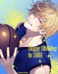 1boy arm_up ball bare_shoulders basketball_(object) basketball_jersey blonde_hair blue_shirt collarbone commentary_request earrings fingernails grin happy_birthday holding holding_ball jewelry kaijo_high_basketball_uniform kise_ryouta kuroko_no_basuke looking_at_viewer male_focus mashima_shima piercing shirt single_earring sleeveless sleeveless_shirt smile solo sparkle teeth twitter_username upper_body v-neck yellow_eyes