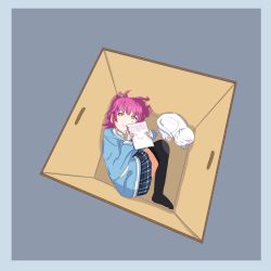 1girl animal aqua_jacket aqua_shirt artist_name artist_request black_legwear black_skirt blue_jacket blue_skirt blunt_bangs blush bow bowtie box breasts brown_eyes cat checkered_clothes checkered_skirt collared_shirt drawing drawstring female_focus full_body highres holding holding_notebook hood hooded_jacket jacket long_sleeves looking_at_viewer love_live! love_live!_nijigasaki_high_school_idol_club miniskirt neck_ribbon nijigasaki_school_uniform no_shoes notebook on_box open_clothes open_jacket paper parted_lips pink_hair plaid_clothes plaid_skirt pleated pleated_skirt ribbon school_uniform shirt short_hair sketchbook skirt sleeves_past_wrists smile solo summer_uniform tennoji_rina white_cat white_shirt yellow_bow yellow_eyes yellow_ribbon