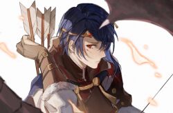 Rule 34 | 1boy, alcryst (fire emblem), armor, arrow (projectile), blood, blood on face, blue hair, buckle, circlet, closed mouth, fire emblem, fire emblem engage, fur trim, gloves, hair between eyes, highres, looking at viewer, nintendo, red eyes, shirt, short hair, solo, white background, wogesb