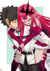 Rule 34 | 1boy, 1girl, absurdres, baobhan sith (fate), baobhan sith (first ascension) (fate), bare shoulders, belt, black hair, black pants, blush, boots, breasts, carrying, carrying person, chaldea uniform, closed eyes, collared shirt, detached sleeves, dress, earrings, fate/grand order, fate (series), fujimaru ritsuka (male), guriguri (arayotto4351), highres, jewelry, long hair, long sleeves, open mouth, pants, pink hair, pointy ears, red boots, red dress, shirt, short hair, sidelocks, smile, textless version, thigh boots, thighs, tiara, white shirt