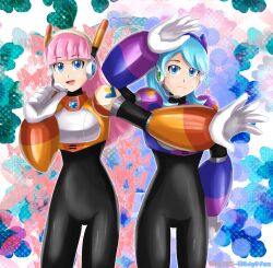 2girls android angies-hedgefox blue_hair long_hair luna_(mega_man) mega_man_(series) mega_man_maverick_hunter_x mega_man_x_(series) minerva_(mega_man) multiple_girls pink_hair short_hair