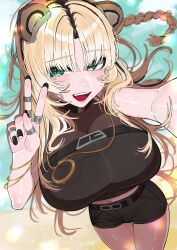1girl :d absurdres alternate_costume animal_ears beach black_hair black_nails black_shirt black_shorts blonde_hair blue_sky blurry blurry_background bracelet braid chest_belt cloud commentary curtained_hair day fake_animal_ears green_eyes halter_shirt halterneck hand_up highres hololive jewelry koganei_niko long_hair midriff multicolored_hair multiple_rings nail_polish navel open_mouth outdoors reaching reaching_towards_viewer ring see-through_cleavage see-through_clothes shirt short_shorts shorts side_braid single_braid sky sleeveless sleeveless_shirt slit_pupils smile solo streaked_hair symbol-only_commentary teeth tiger_ears upper_teeth_only v virtual_youtuber yuuppi