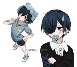 absurdres adult_baby blue_eyes blue_hair blush candy child ciel_phantomhive contemporary earrings eyepatch food hair_between_eyes hat highres jewelry kuroshitsuji lollipop looking_at_viewer male_focus medical_eyepatch pacifier shirt short_hair wormy_owo