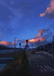 1girl absurdres airool bang_dream! bang_dream!_it&#039;s_mygo!!!!! blonde_hair blue_shoes blue_sky bouquet bridge chinese_commentary commentary commentary_request crosswalk dress english_commentary evening facing_ahead flower grass grey_dress guard_rail highres holding holding_bouquet house hugging_object lamppost medium_dress misumi_uika mixed-language_commentary mountainous_horizon no_stopping_sign orange_clouds outdoors partial_commentary pedestrian_crossing_sign power_lines reflection reflective_water river road road_sign shoes short_hair sign sky sleeveless sleeveless_dress solo standing street translation_request utility_pole very_wide_shot water yellow_flower