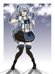 1girl alternate_costume alternate_hairstyle black_boots black_bow black_bowtie black_shoes black_skirt black_thighhighs blue_eyes blue_hair blue_scrunchie blush boots bow bowtie breasts crop_top flint_(girls_und_panzer) frilled_shirt frilled_skirt frilled_thigh_strap frills girls_und_panzer grey_hair holding holding_microphone idol knees_together_feet_apart lace-up_boots long_hair microphone midriff music navel one_side_up open_mouth puffy_short_sleeves puffy_sleeves puppet scrunchie shirt shoes short_sleeves singing skirt smile sparkle sparkle_background suspender_skirt suspenders takahashi_kurage thigh_strap thighhighs white_shirt