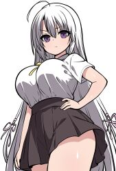 &gt;:( 1girl absurdres ahoge alternate_costume arm_at_side ayachi_nene bow bowtie breasts brown_skirt closed_mouth commentary cowboy_shot curvy ding36 eyelashes eyes_visible_through_hair from_below frown hair_between_eyes hair_ribbon hand_on_own_hip high-waist_skirt highres large_breasts long_hair looking_at_viewer pink_ribbon pleated_skirt purple_eyes ribbon sanoba_witch shirt short_sleeves simple_background skirt solo split_mouth straight_hair v-shaped_eyebrows very_long_hair white_background white_hair white_shirt yellow_bow yellow_bowtie
