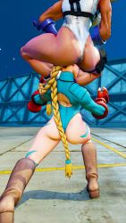 2girls 3d alternate_skin_color antenna_hair ass bare_shoulders blonde_hair blue_eyes blue_headwear blue_leotard braid breasts cammy_white clenched_hand covered_navel curvy fighting full_body gloves hat highleg highleg_leotard highres huge_ass large_breasts leotard lips long_hair multiple_girls multiple_persona red_gloves ryona screencap shiny_clothes sitting sitting_on_person street_fighter street_fighter_v thighs third-party_edit thong_leotard twin_braids very_long_hair white_leotard wide_hips