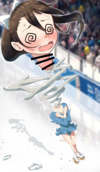 1girl @_@ blue_dress blush borusen brown_hair cum dickneck dizzy dress figure_skating ice_skates mito_kumi open_mouth penis ponytail skates